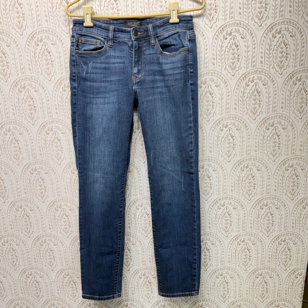 Judy Blue Slim Fit Jeans Womens 5/27 Blue Medium Wash Distressed Mid Rise Denim